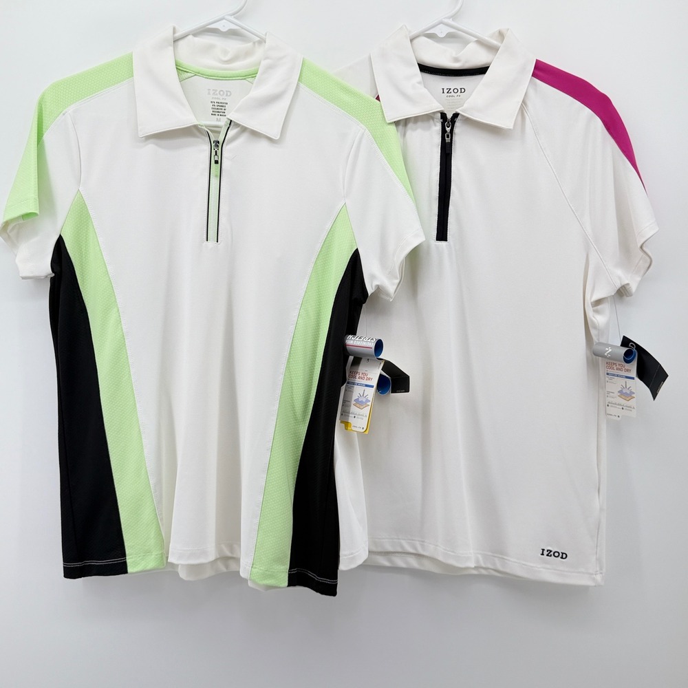 IZOD Lot of 2 Lime Green Black Colorblock 1/4 Zip Golf Polo Shirt  Medium NEW
